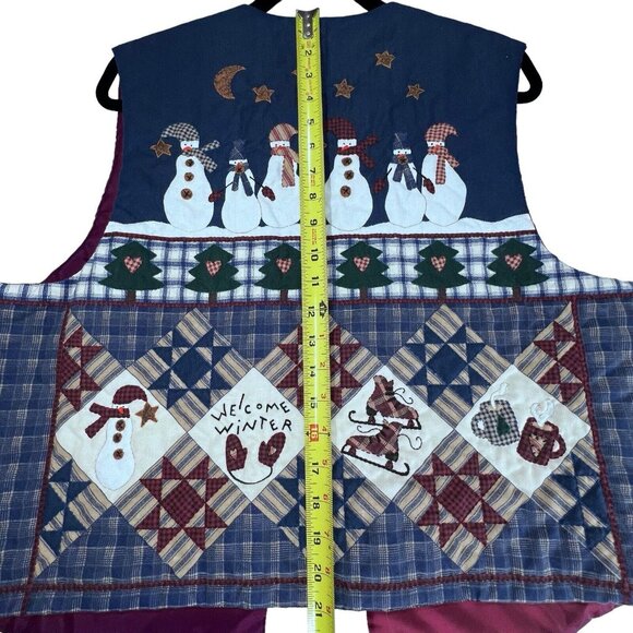 Vtg Handmade Quilted Vest Womens LG Patchwork Welcome Winter Snowman Skates Tree - Picture 12 of 12